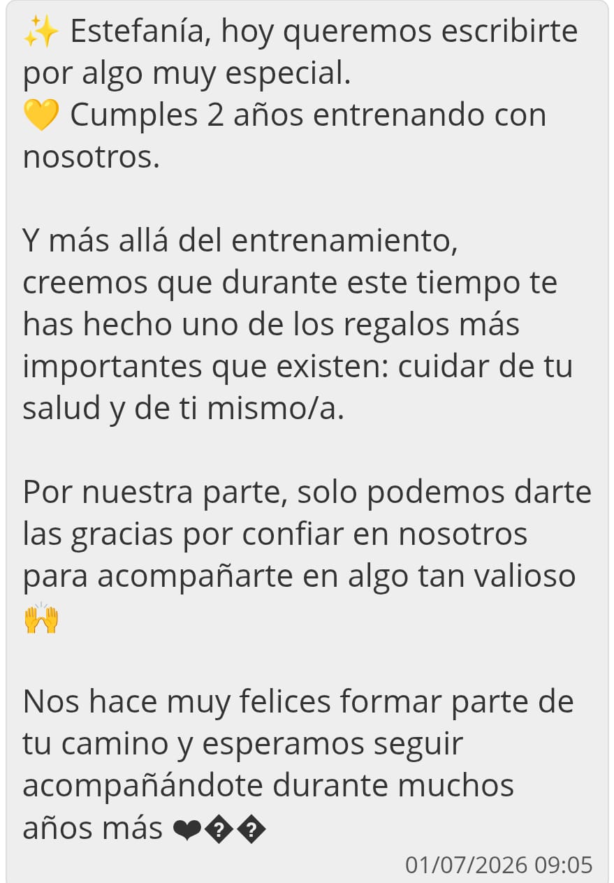 Mensaje recibido de mi centro de entrenamiento el día de mi cumpleGym, 